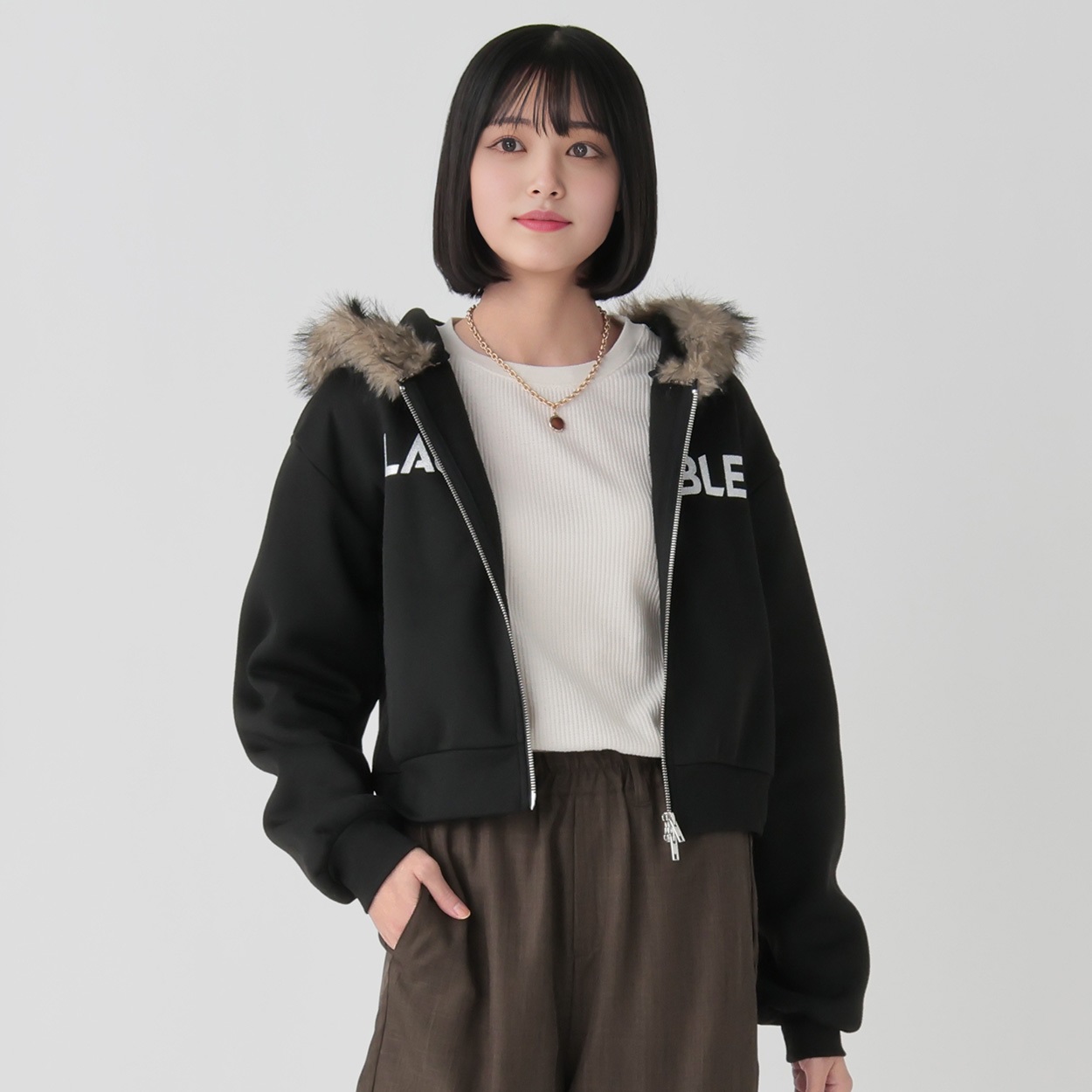 裏起毛フードフェイクファーZIPパーカ レディス Doublefocus(ダブル