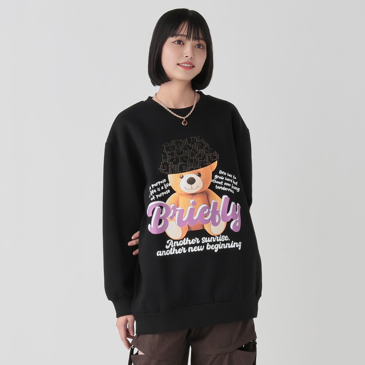 くま（感謝）/2 裏起毛クマラインストーンプルオーバー レディス Doublefocus(ダブル