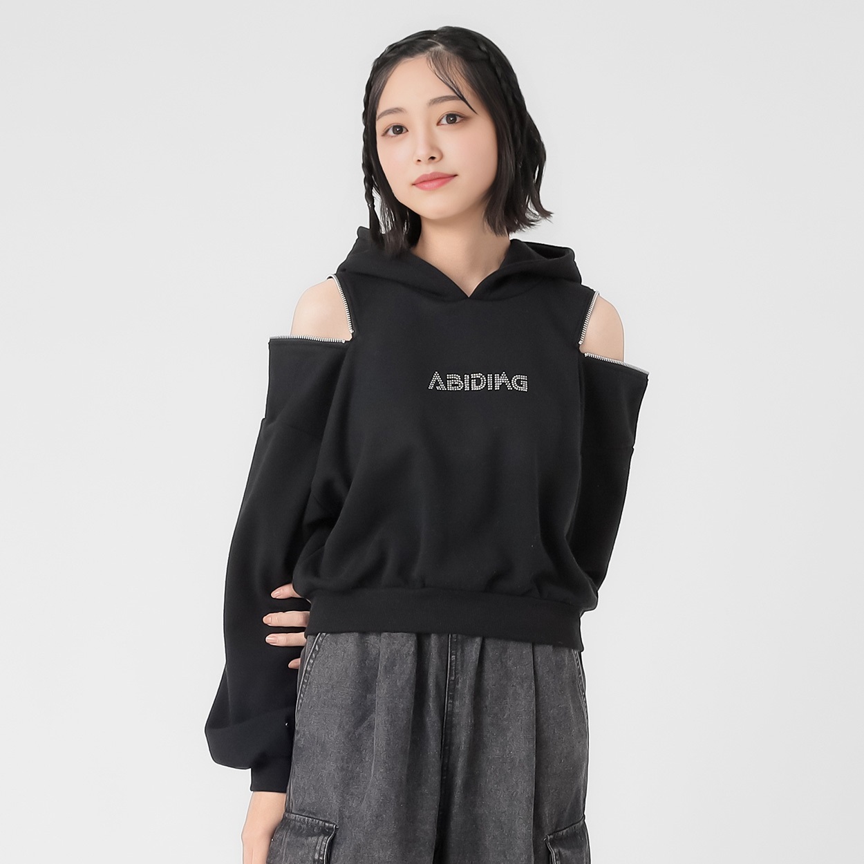 裏起毛肩ZIPラインストーンパーカ レディス Doublefocus(ダブル