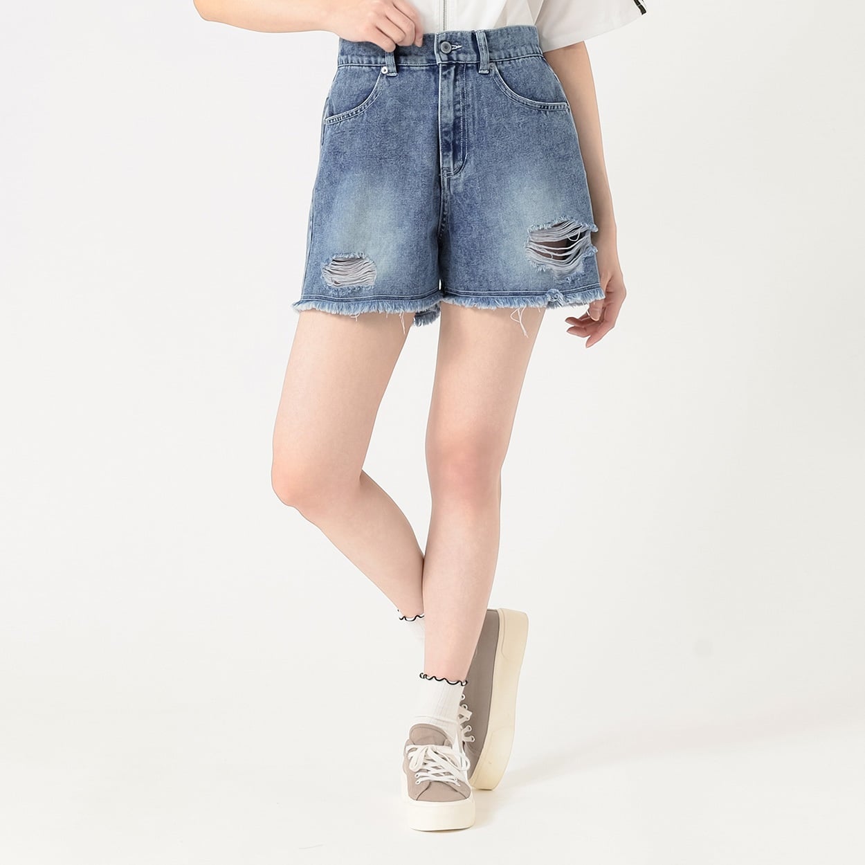 ダメージデニムショートパンツ レディス Doublefocus(ダブルフォーカス)(コイアオ-M)