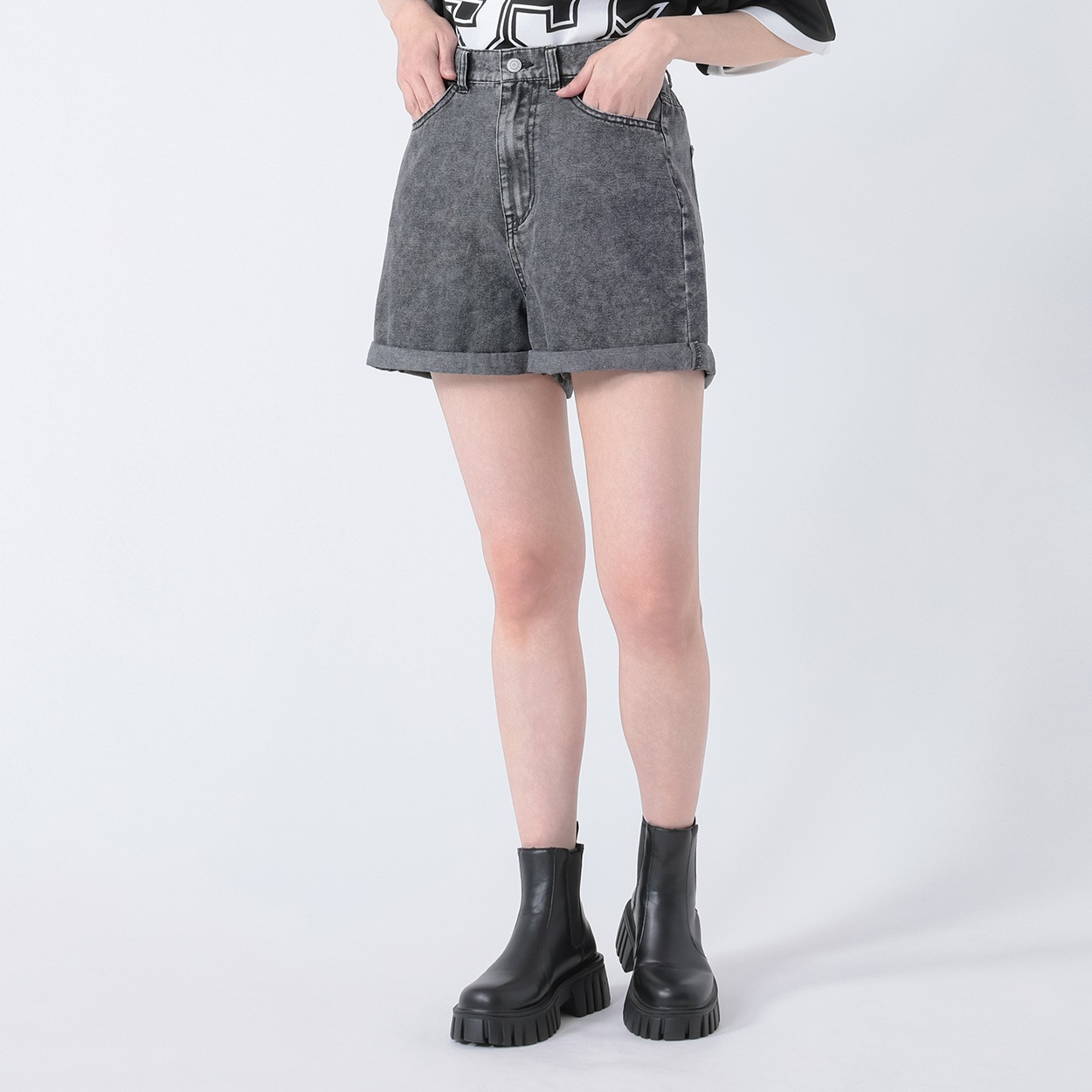 デニム裾ロールアップショートパンツ レディス Doublefocus(ダブルフォーカス)(チャコ－ルグレ－-M)