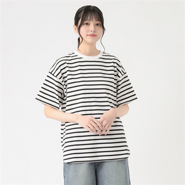 裾ラウンドボーダーＴシャツ レディス Doublefocus(ダブルフォーカス)(シロ-S)