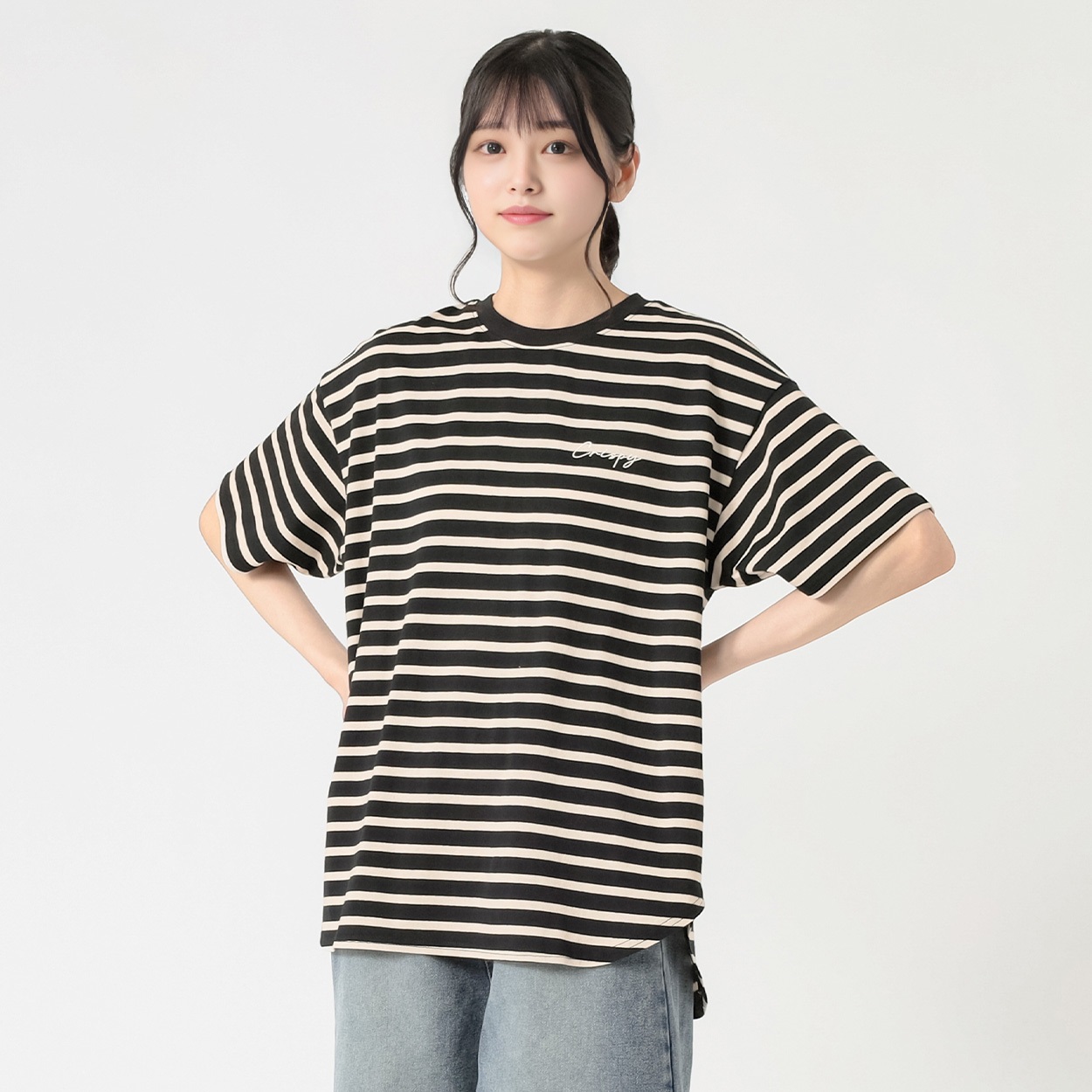 裾ラウンドボーダーＴシャツ レディス Doublefocus(ダブルフォーカス)(クロ-S)