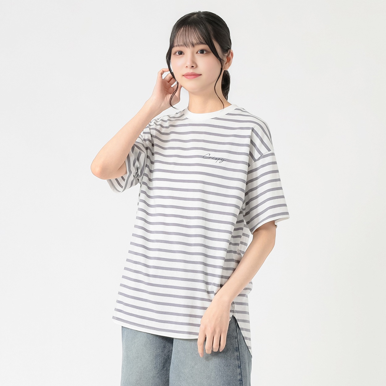 裾ラウンドボーダーＴシャツ レディス Doublefocus(ダブルフォーカス)(アオ-L)