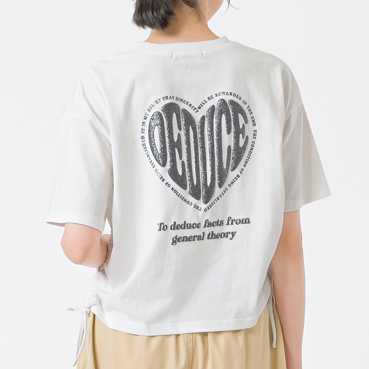 ハートラメ脇シャーリングTシャツ レディス Doublefocus(ダブルフォーカス)(シロ-L)