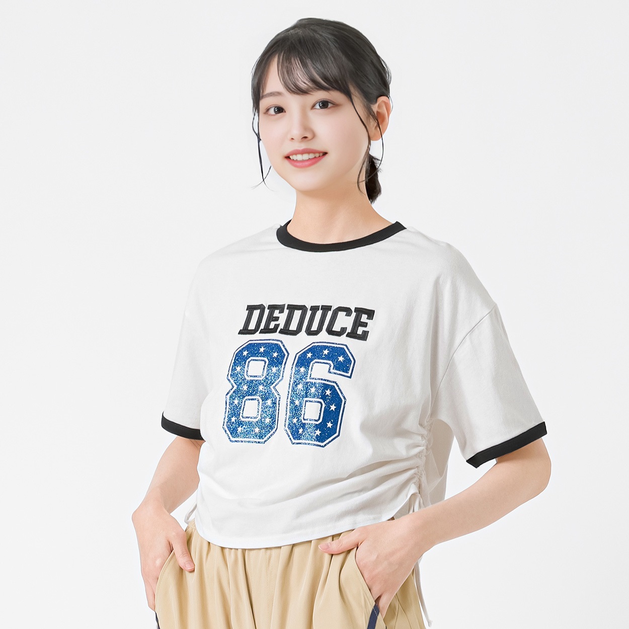 刺繍ラメナンバー脇シャーリングTシャツ レディス Doublefocus(ダブルフォーカス)(シロ-L)