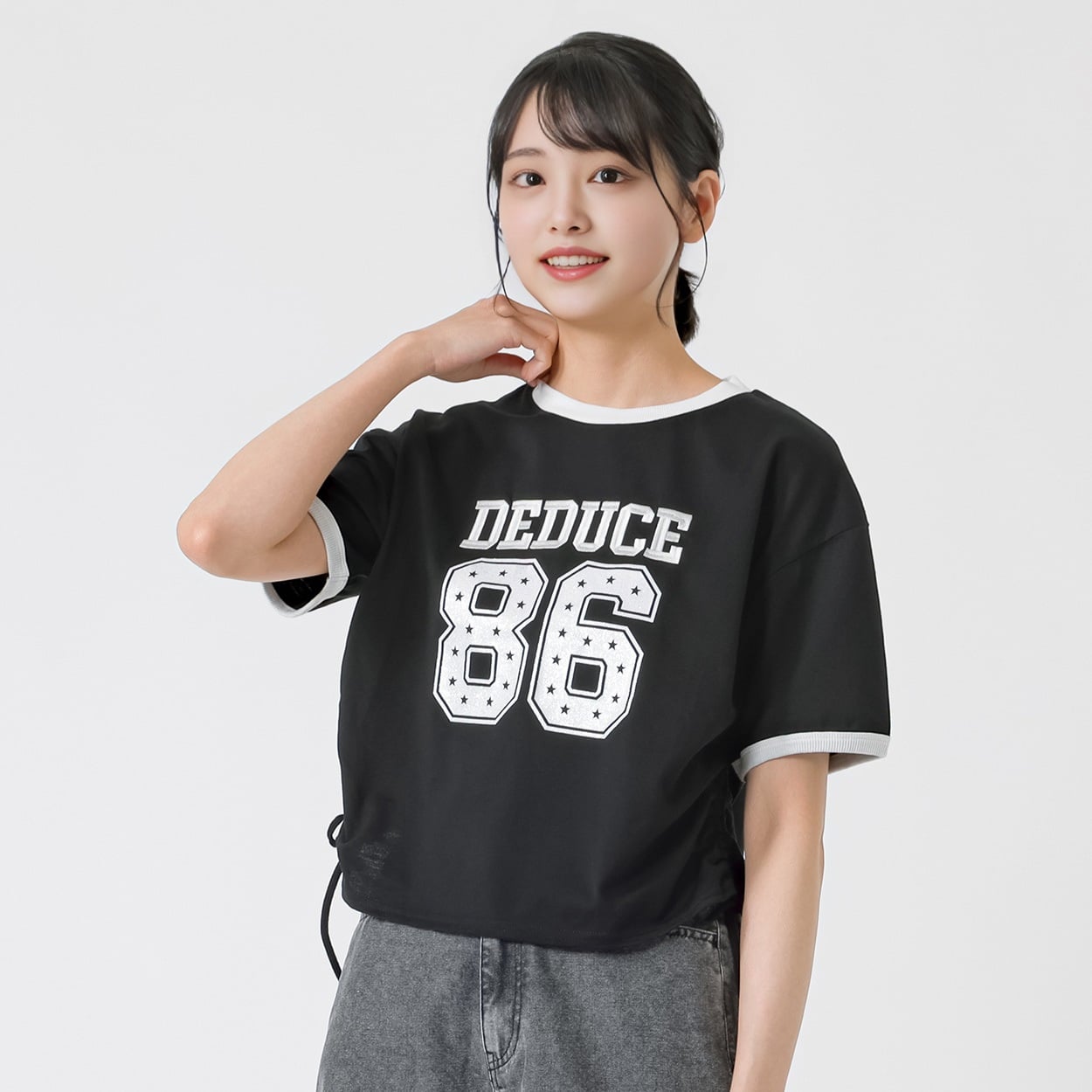 刺繍ラメナンバー脇シャーリングTシャツ レディス Doublefocus(ダブルフォーカス)(クロ-L)