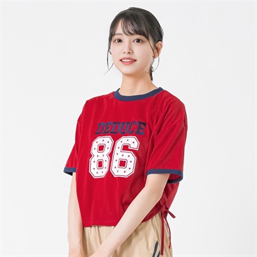 刺繍ラメナンバー脇シャーリングTシャツ レディス Doublefocus(ダブルフォーカス)(アカ-S)