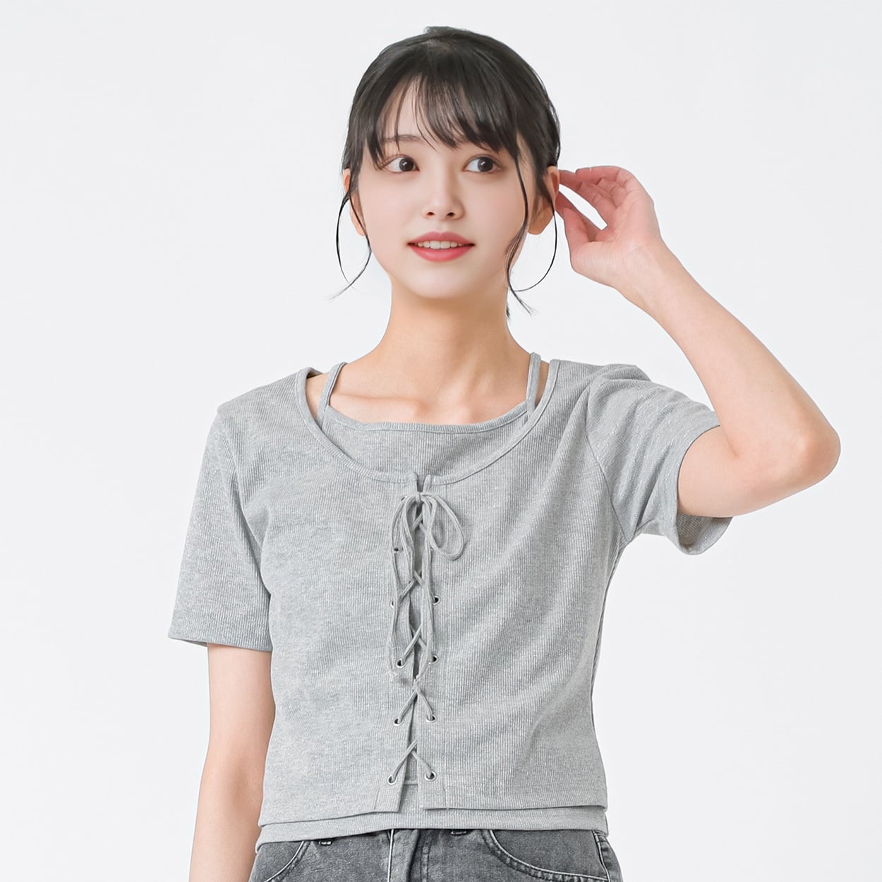 ラメテレコリブレースアップTシャツ レディス Doublefocus(ダブルフォーカス)(ウスグレー-M)
