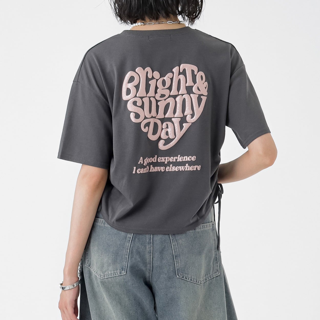ラメ発砲ハート脇シャーリングTシャツ レディス Doublefocus(ダブルフォーカス)(チャコ－ルグレ－-S)