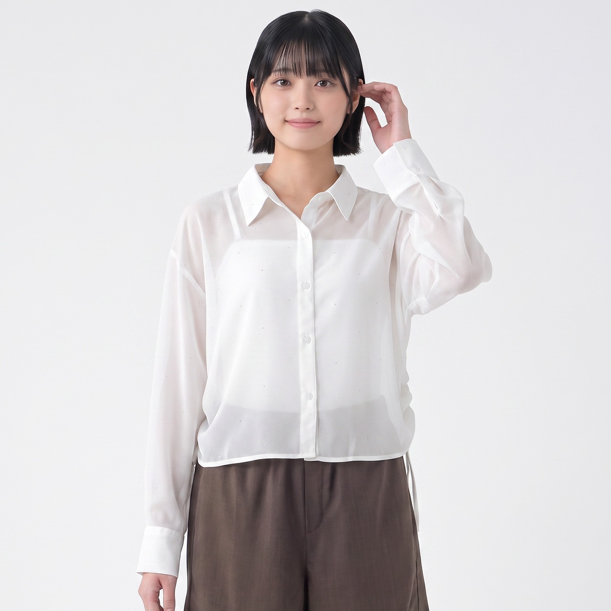 シフォンラインストーン付シャツ レディス Doublefocus(ダブルフォーカス)(シロ-S)