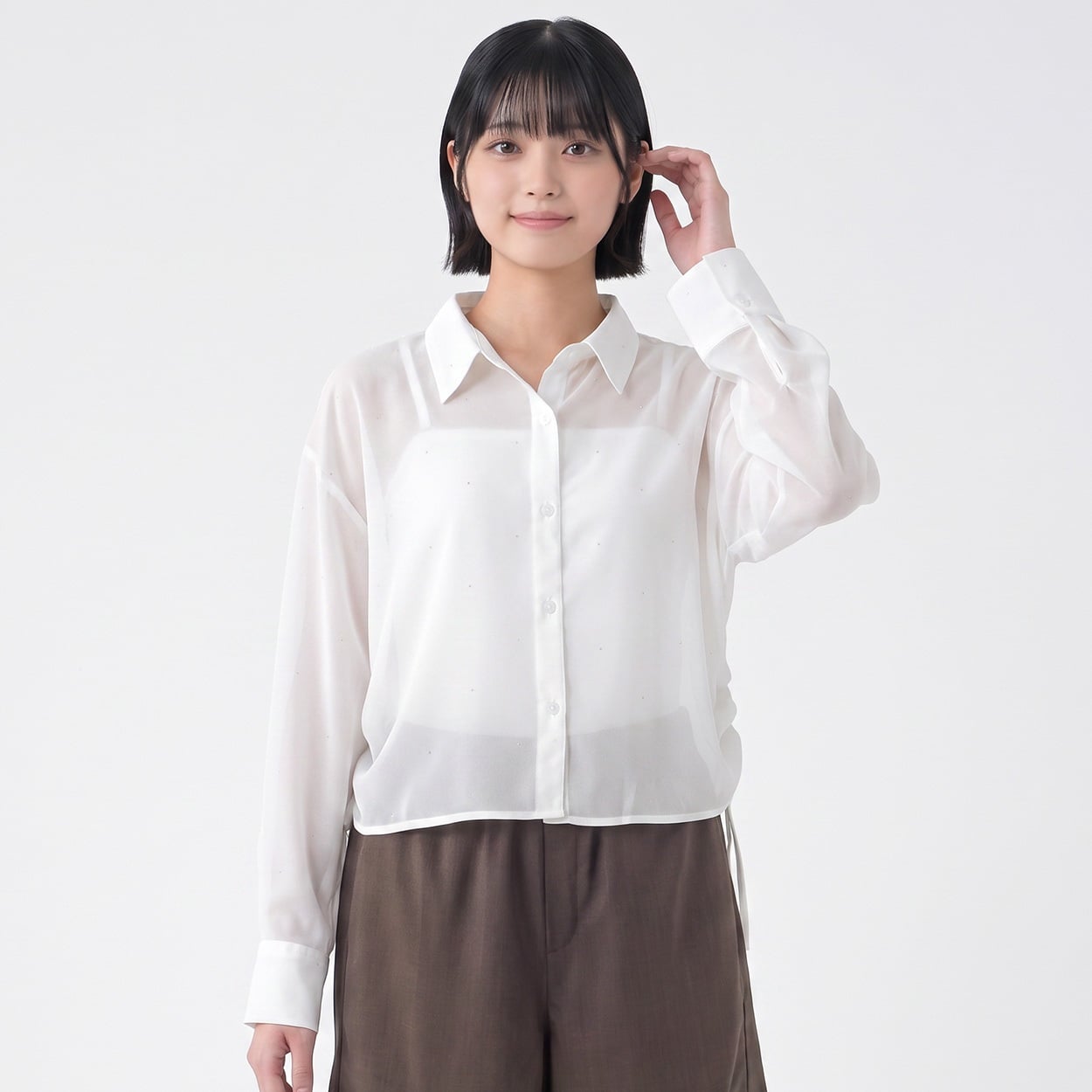 シフォンラインストーン付シャツ レディス Doublefocus(ダブルフォーカス)(シロ-L)