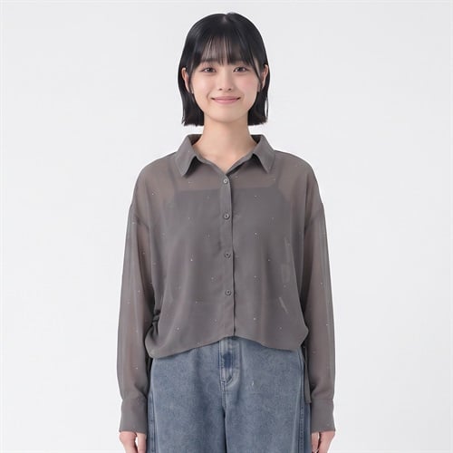 シフォンラインストーン付シャツ レディス Doublefocus(ダブルフォーカス)(チャコ－ルグレ－-S)