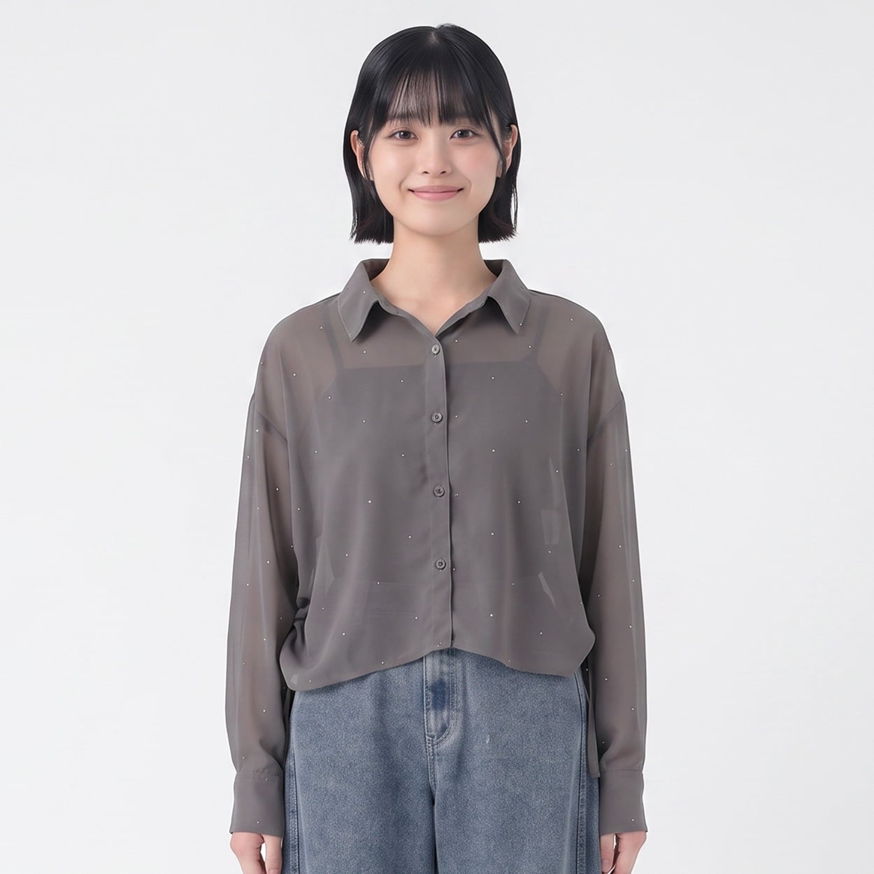 シフォンラインストーン付シャツ レディス Doublefocus(ダブルフォーカス)(チャコ－ルグレ－-S)