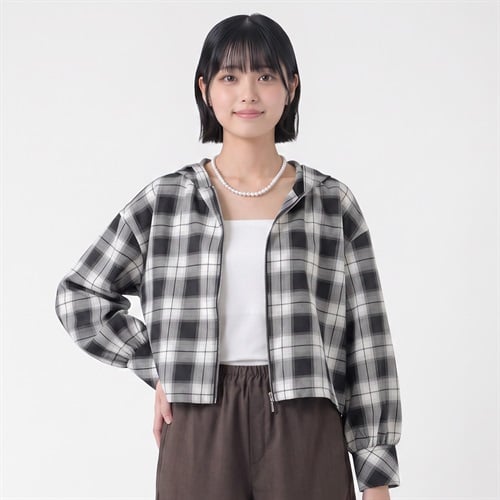 フード付チェックシャツ レディス Doublefocus(ダブルフォーカス)(クロ-S)