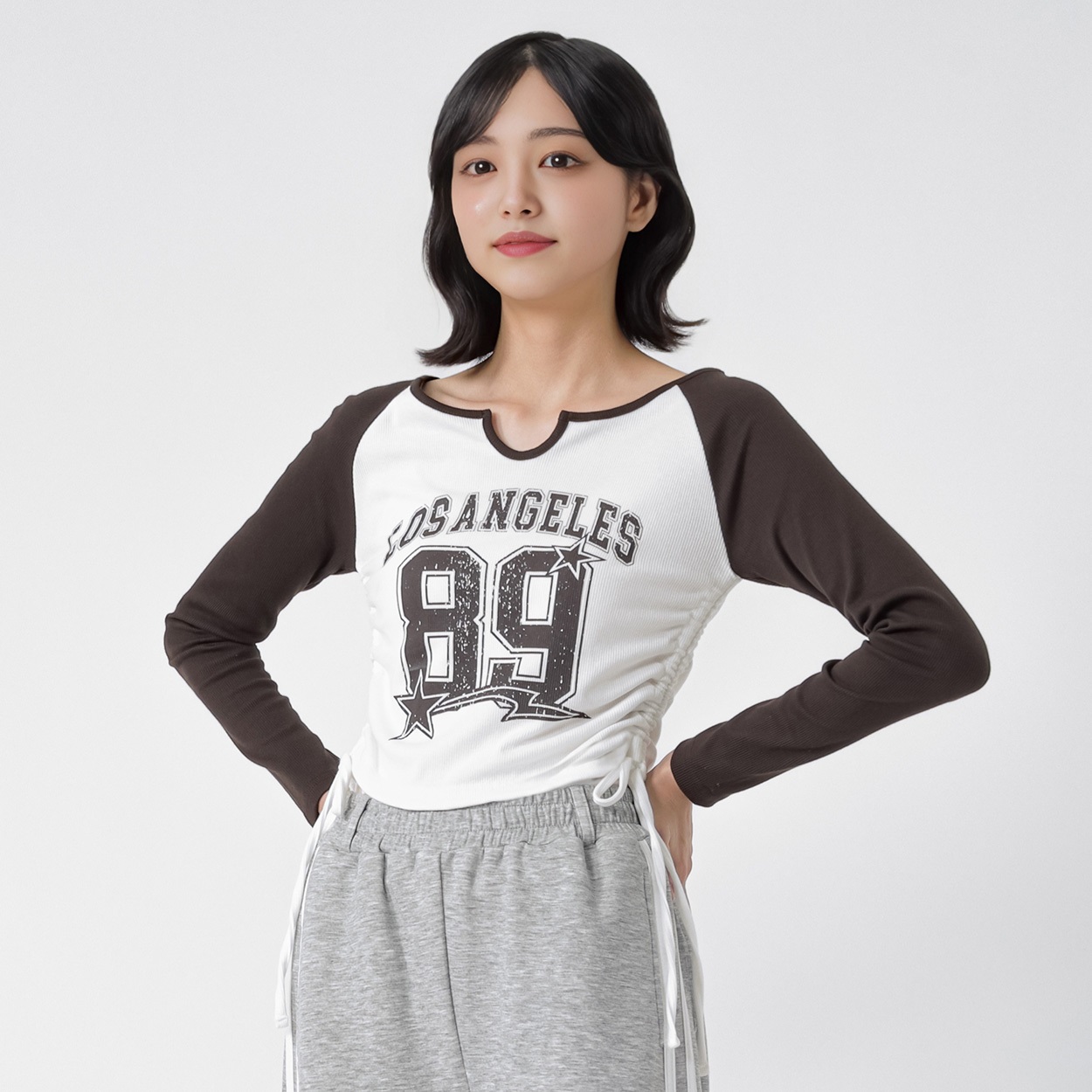 テレコリブキーネック脇シャーリングTシャツ レディス Doublefocus(ダブルフォーカス)(チャ-L)