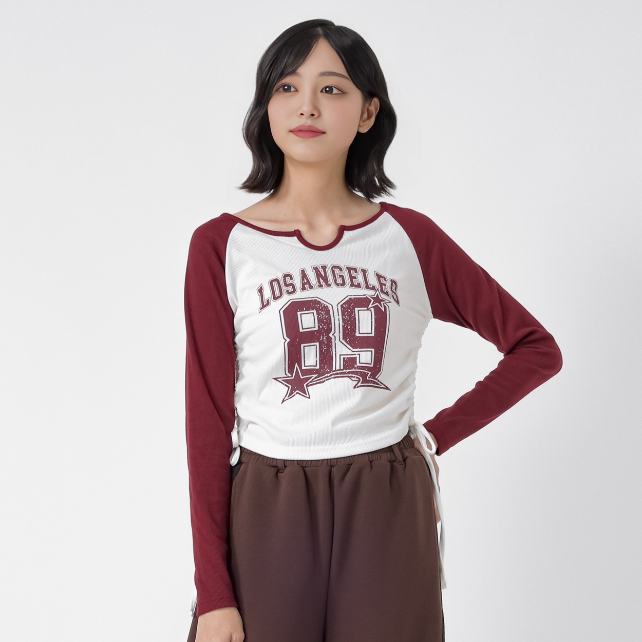テレコリブキーネック脇シャーリングTシャツ レディス Doublefocus(ダブルフォーカス)(コイアカ-S)