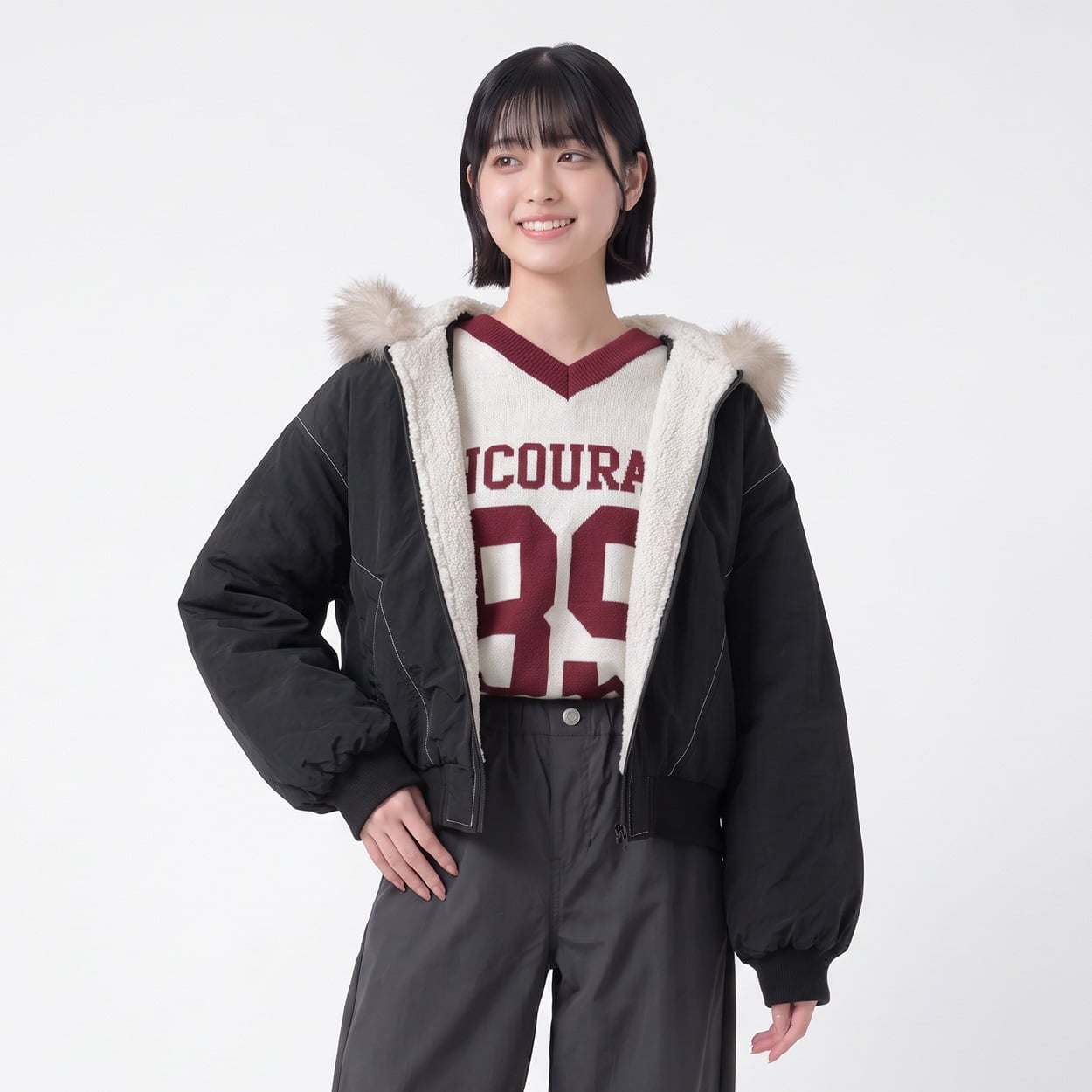 フェイクファーフード付きミリタリーブルゾン レディス Doublefocus(ダブルフォーカス)(クロ-L)