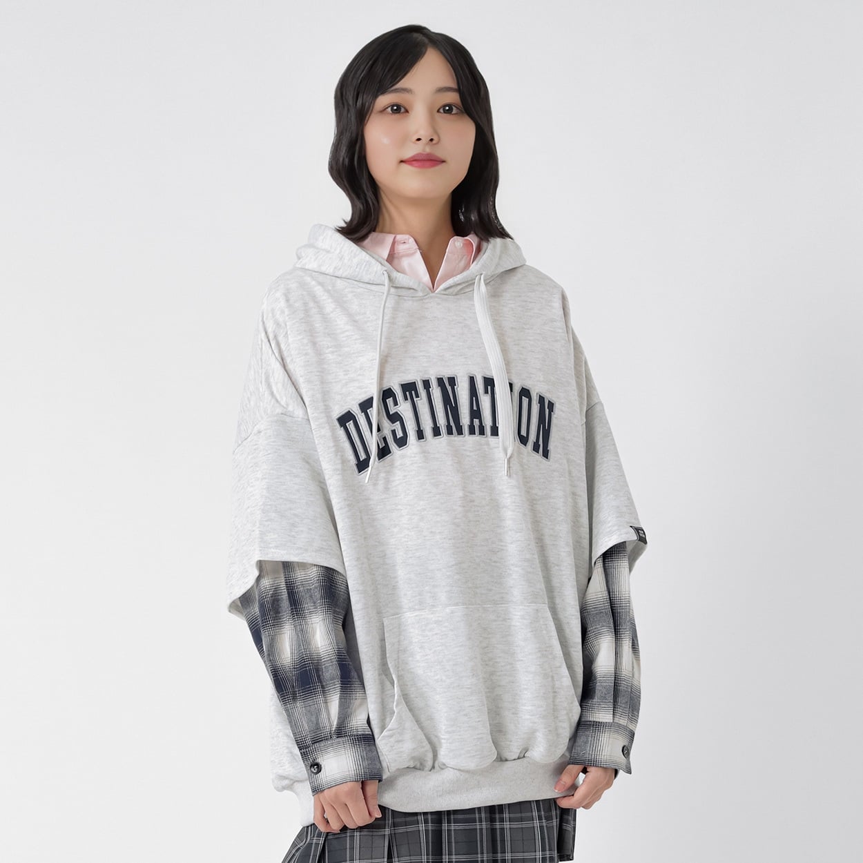 裏毛袖チェックビッグパーカ レディス Doublefocus(ダブルフォーカス)(キナリ-M)