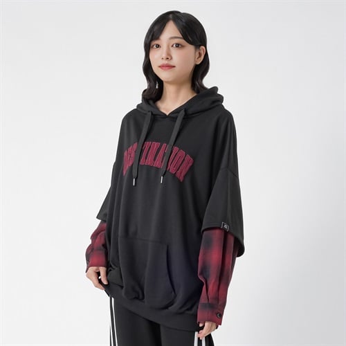 裏毛袖チェックビッグパーカ レディス Doublefocus(ダブルフォーカス)(クロ-S)