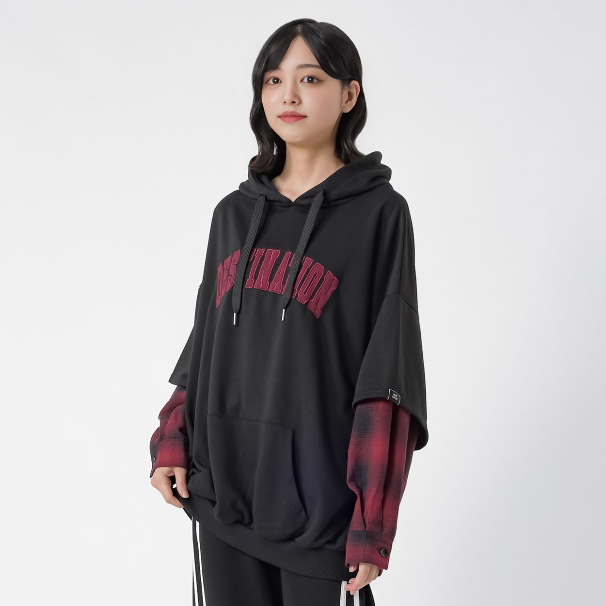 裏毛袖チェックビッグパーカ レディス Doublefocus(ダブルフォーカス)(クロ-S)