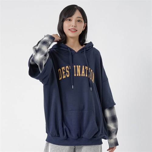 裏毛袖チェックビッグパーカ レディス Doublefocus(ダブルフォーカス)(コイアオ-S)