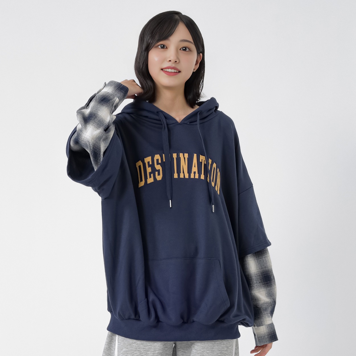 裏毛袖チェックビッグパーカ レディス Doublefocus(ダブルフォーカス)(コイアオ-S)