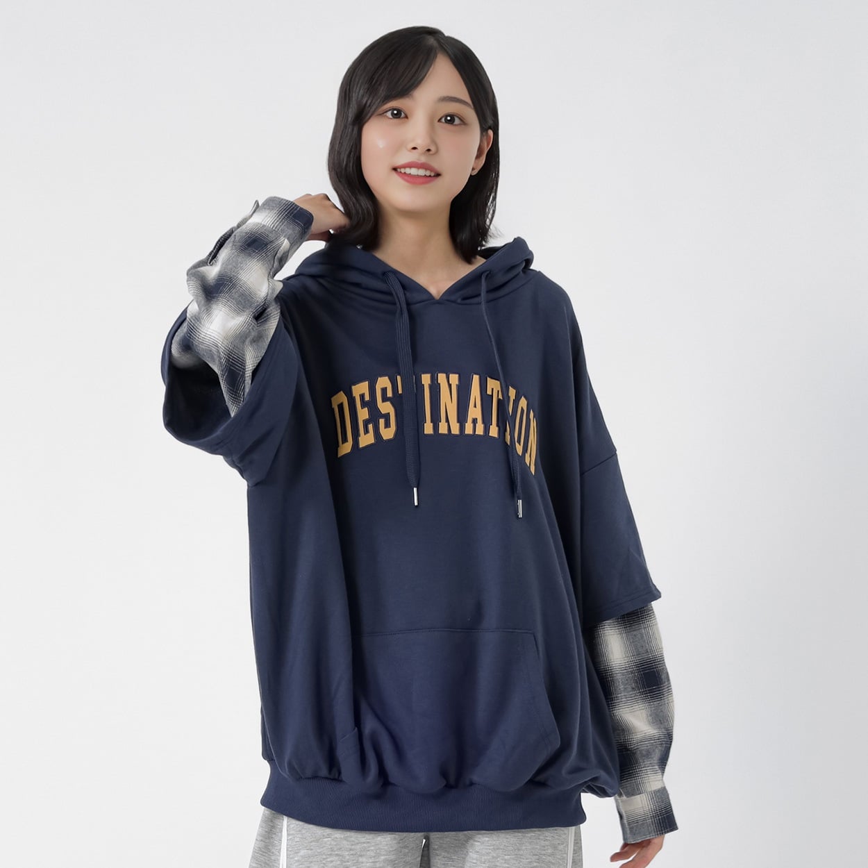 裏毛袖チェックビッグパーカ レディス Doublefocus(ダブルフォーカス)(コイアオ-M)