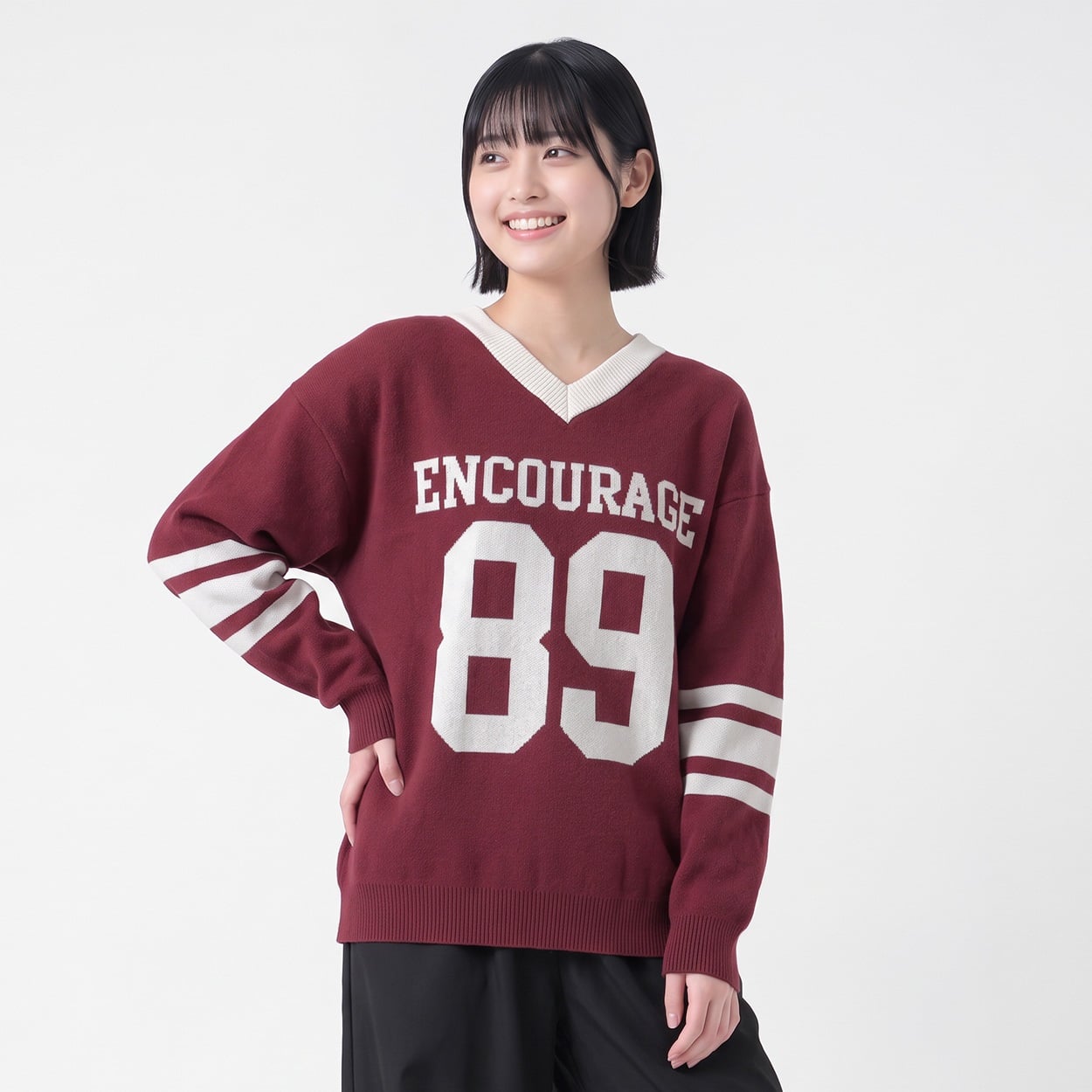 ニットナンバリングVネックプツオーバー レディス Doublefocus(ダブルフォーカス)(コイアカ-M)