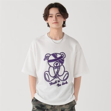 クマコードシシュウハンソデTシャツ メンズ Doublefocus (ダブルフォーカス)(シロ-M)