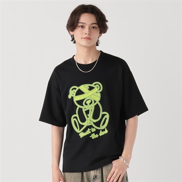 クマコードシシュウハンソデTシャツ メンズ Doublefocus (ダブルフォーカス)(クロ-M)
