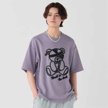 クマコードシシュウハンソデTシャツ メンズ Doublefocus (ダブルフォーカス)(ウスムラサキ-M)