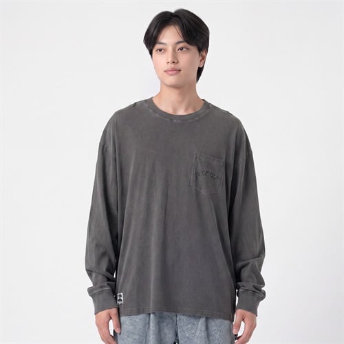 DIZZY OE長袖ピグメント加工T メンズ Doublefocus(ダブルフォーカス)(チャコ－ルグレ－-S)
