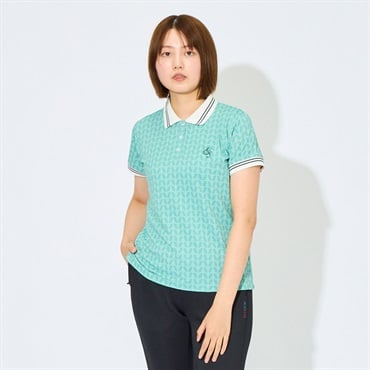 ELLE SPORT(エルスポーツ) カノコポロシャツ ストレッチ カノコ素材 総柄 UV対策 吸汗速乾 接触冷感 レディス(セージグリーン-XL)