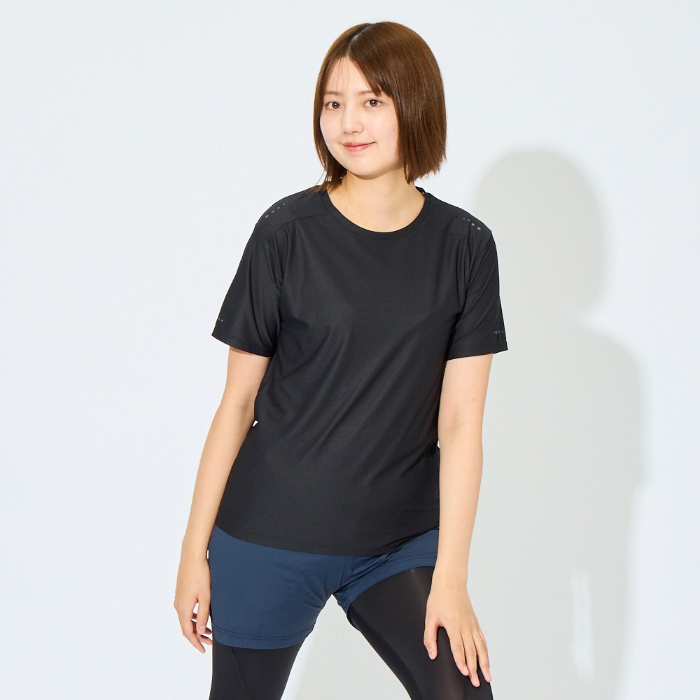 爆速乾軽量半袖Tシャツ 吸水速乾 通気性 再帰反射 sporsium（スポージアム） レディス(クロ-S)