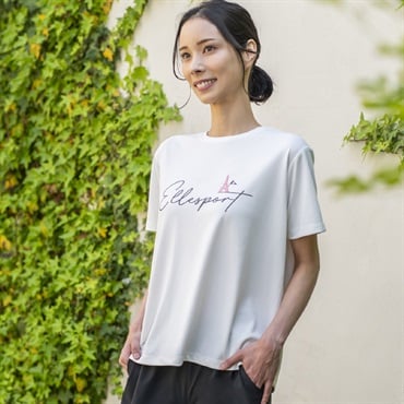 ELLE SPORT(エルスポーツ) エッフェル塔ロゴTシャツ メッシュ素材 吸汗速乾 接触冷感 UV対策 レディス(シロ-L)