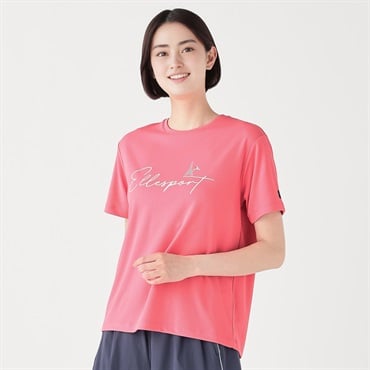 ELLE SPORT(エルスポーツ) エッフェル塔ロゴTシャツ メッシュ素材 吸汗速乾 接触冷感 UV対策 レディス(ウスアカ-M)
