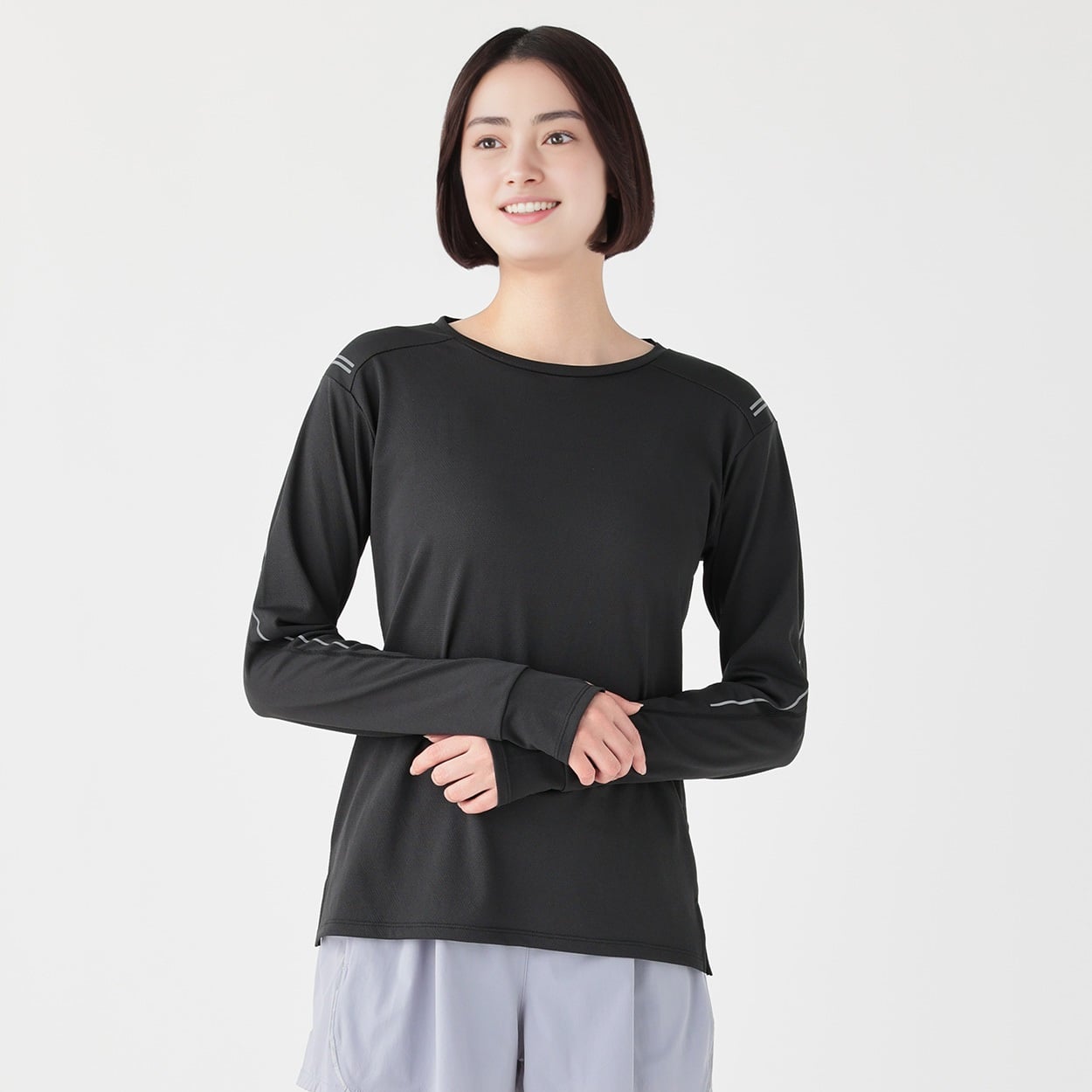ナイトラン 爆速乾長袖Tシャツ リフレクター 通気性 速乾性 サムホール sporsium（スポージアム） レディス(クロ-S)