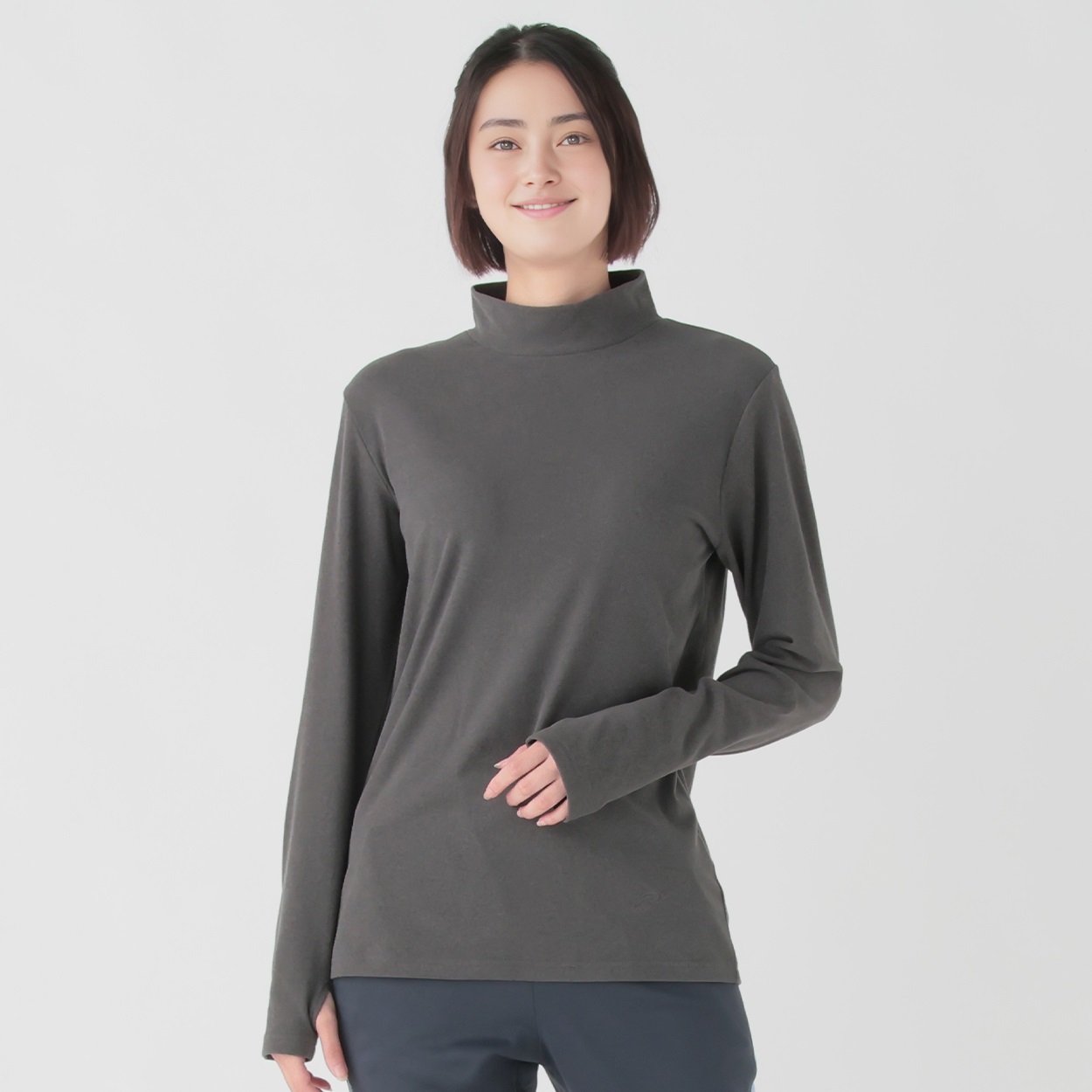 両面微起毛ハイネック長袖Tシャツ あたたか ストレッチ UVカット