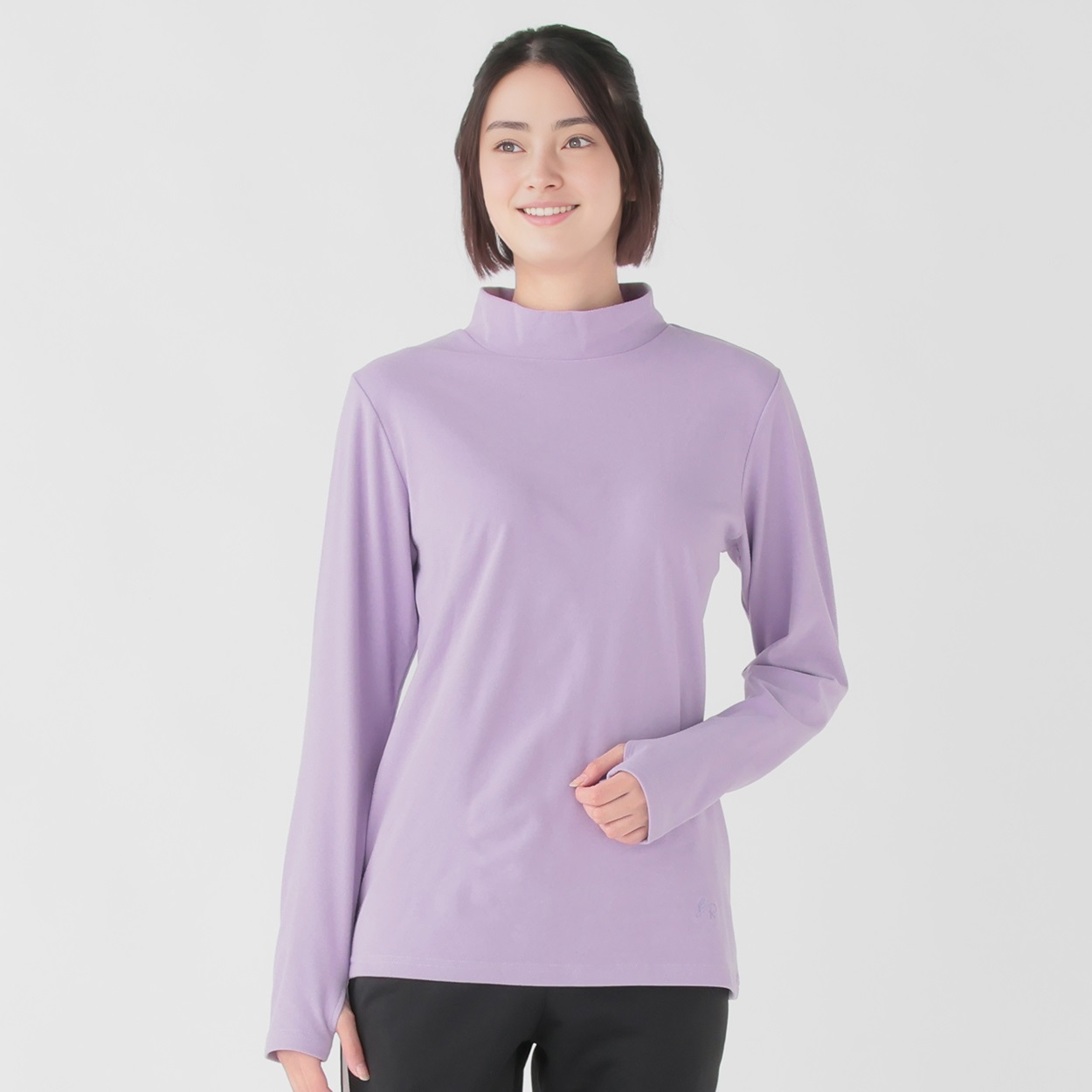 両面微起毛ハイネック長袖Tシャツ あたたか ストレッチ UVカット