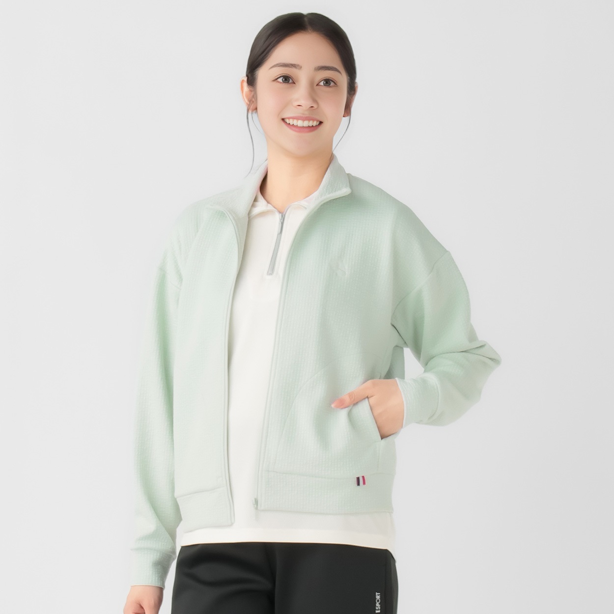 ELLE SPORT(エルスポーツ) ジャガードスタンドジャケット キルティングジャガード素材 ストライプ柄 レディス(ウスミドリ-S)