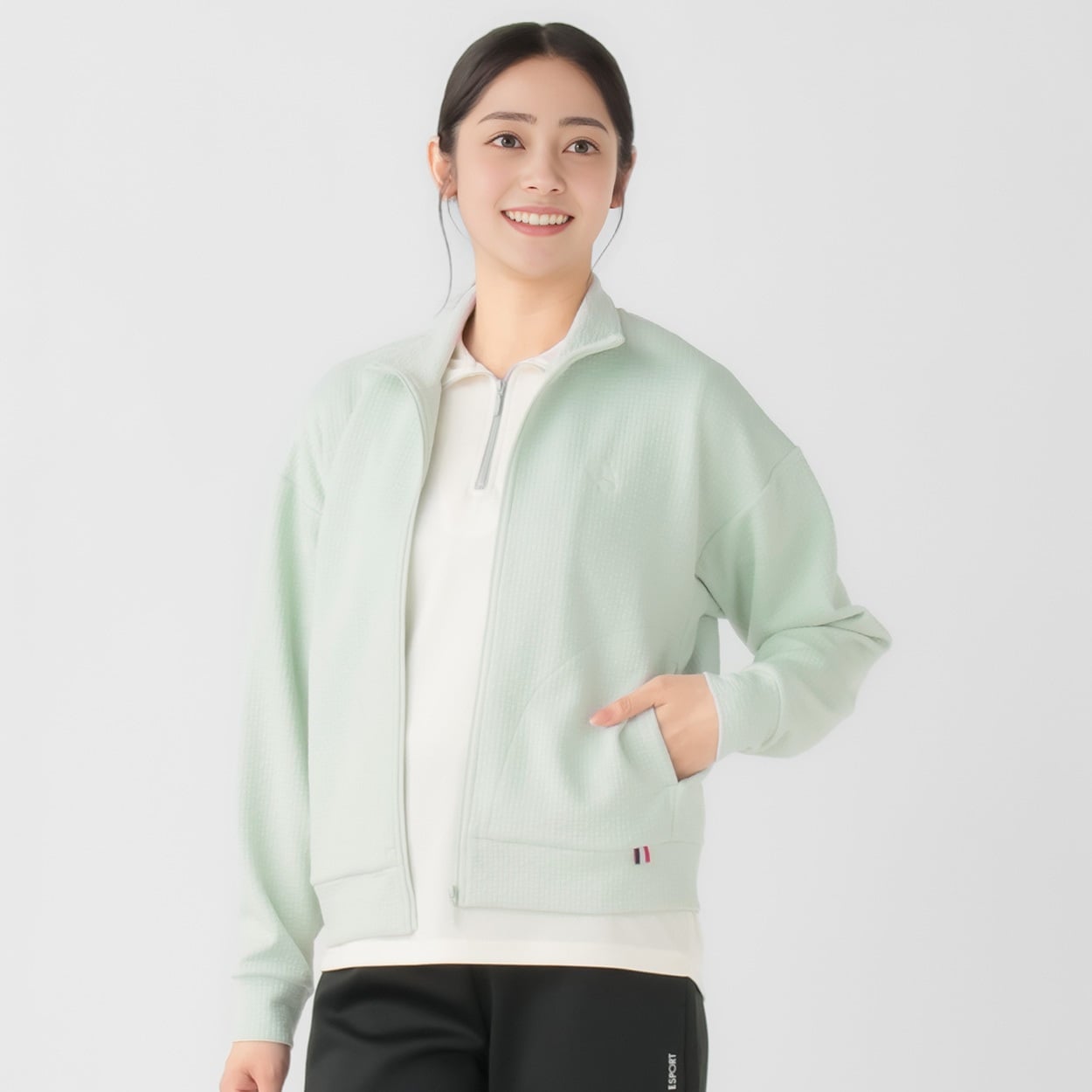 ELLE SPORT(エルスポーツ) ジャガードスタンドジャケット キルティングジャガード素材 ストライプ柄 レディス(ウスミドリ-XL)