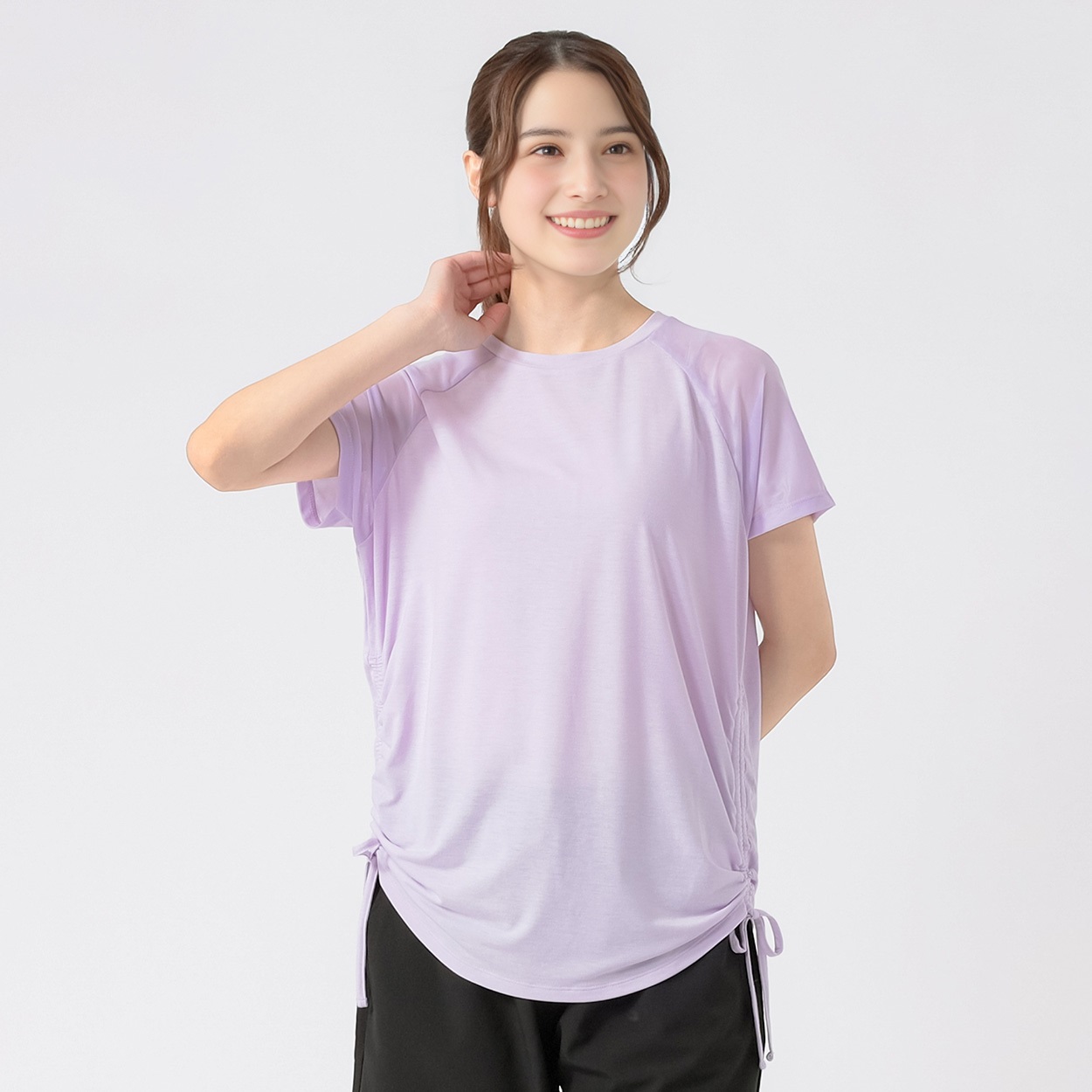 サイドギャザーチュニックＴシャツ UV対策 吸水速乾 レディス(ウスアカ-L)