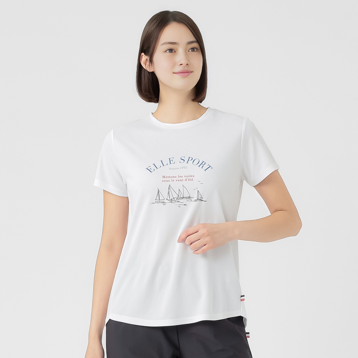 ELLE SPORT(エルスポーツ) オリジナルプリントTシャツ 吸汗速乾 UV 接触冷感 レディス(シロ-S)