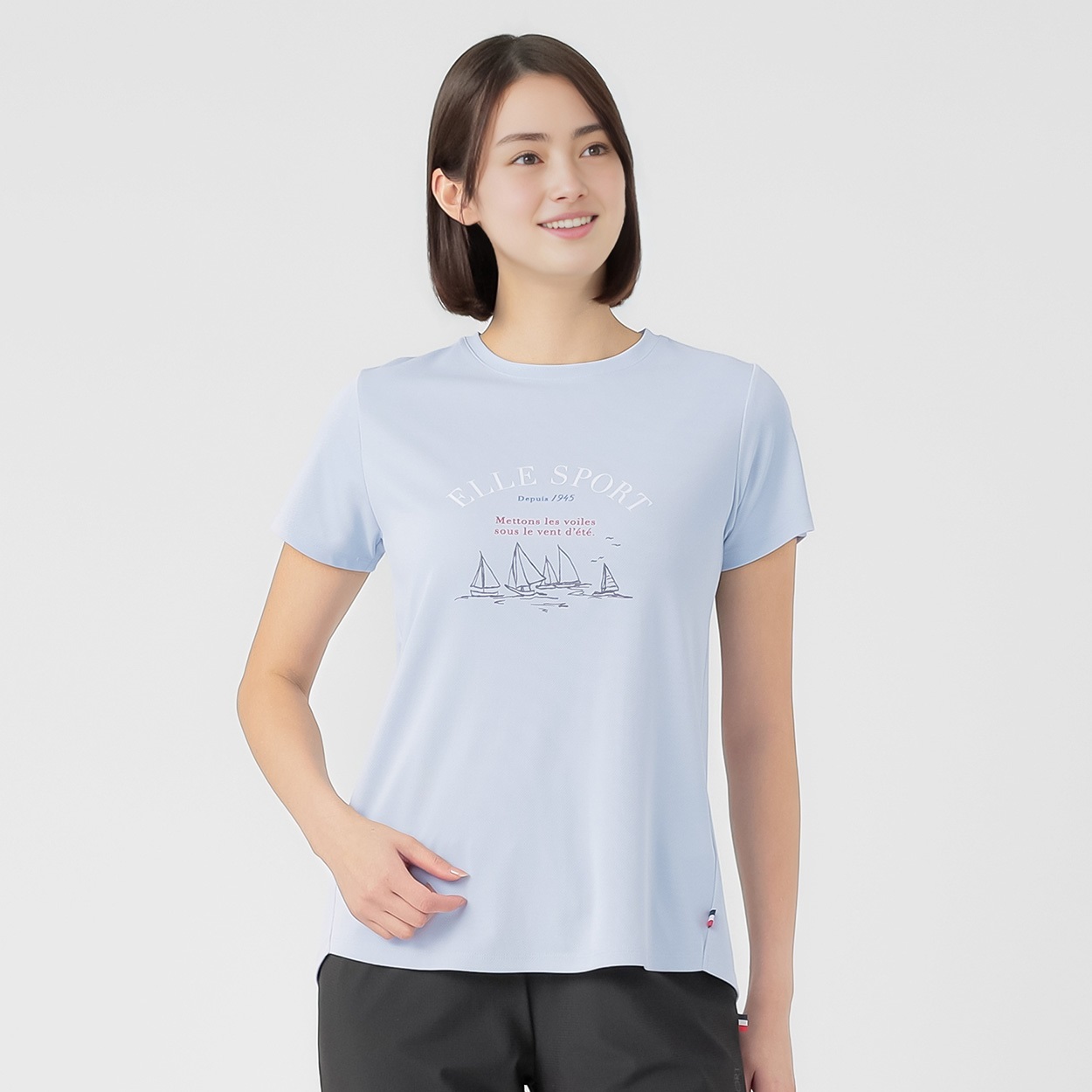 ELLE SPORT(エルスポーツ) オリジナルプリントTシャツ 吸汗速乾 UV 接触冷感 レディス(ウスアオ-L)