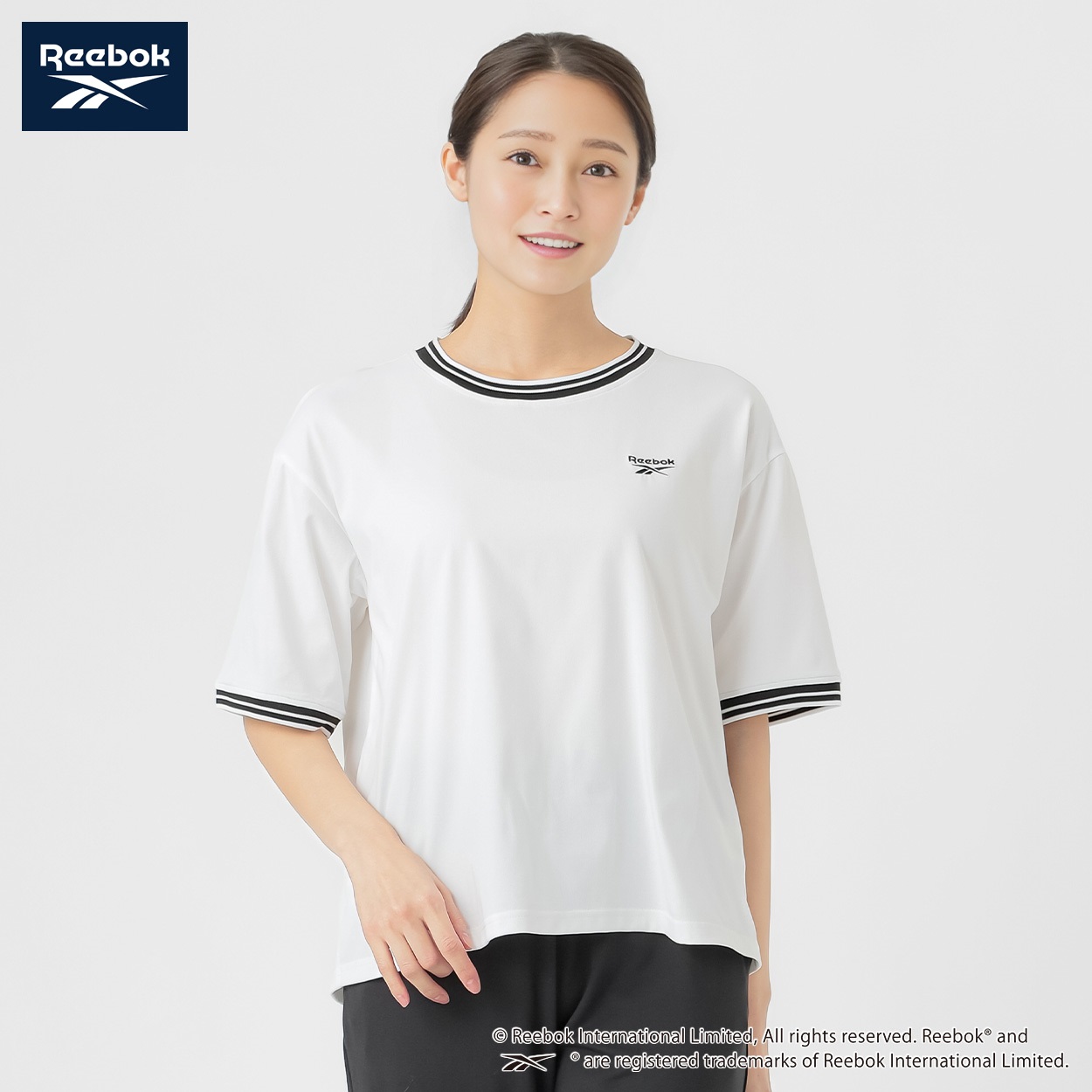 Reebok Tシャツ 肌離れのよい生地 リンガーデザイン レディス(シロ-XL)