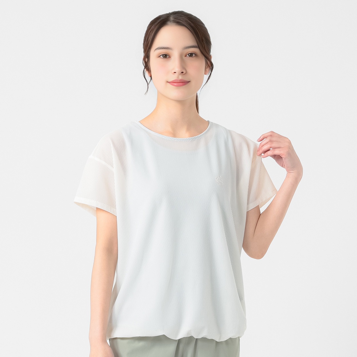 ELLE SPORT(エルスポーツ) 裾バルーンTシャツ 吸汗速乾 接触冷感 メッシュ素材 レディス(シロ-XL)