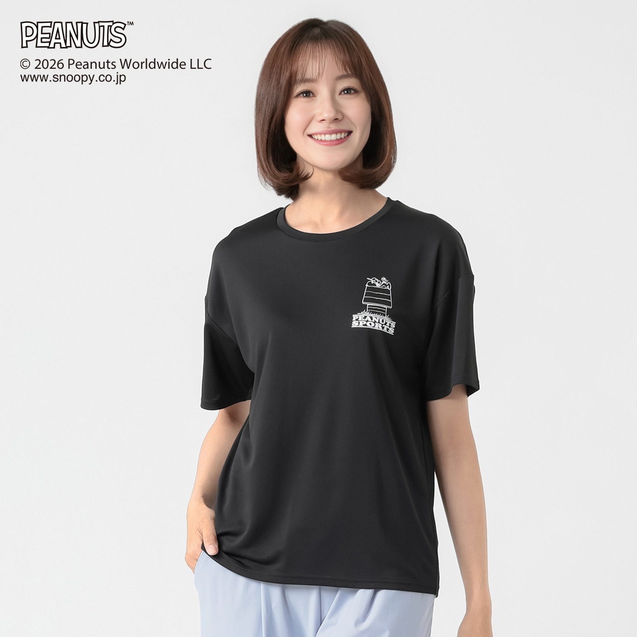 PEANUTS Tシャツ 接触冷感 吸水速乾 UV対策 レディス(クロ-S)