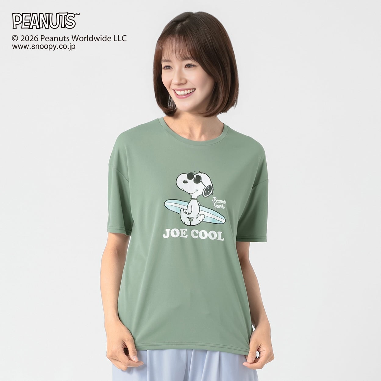 PEANUTS Tシャツ 接触冷感 吸水速乾 UV対策 レディス(ウスミドリ-S)