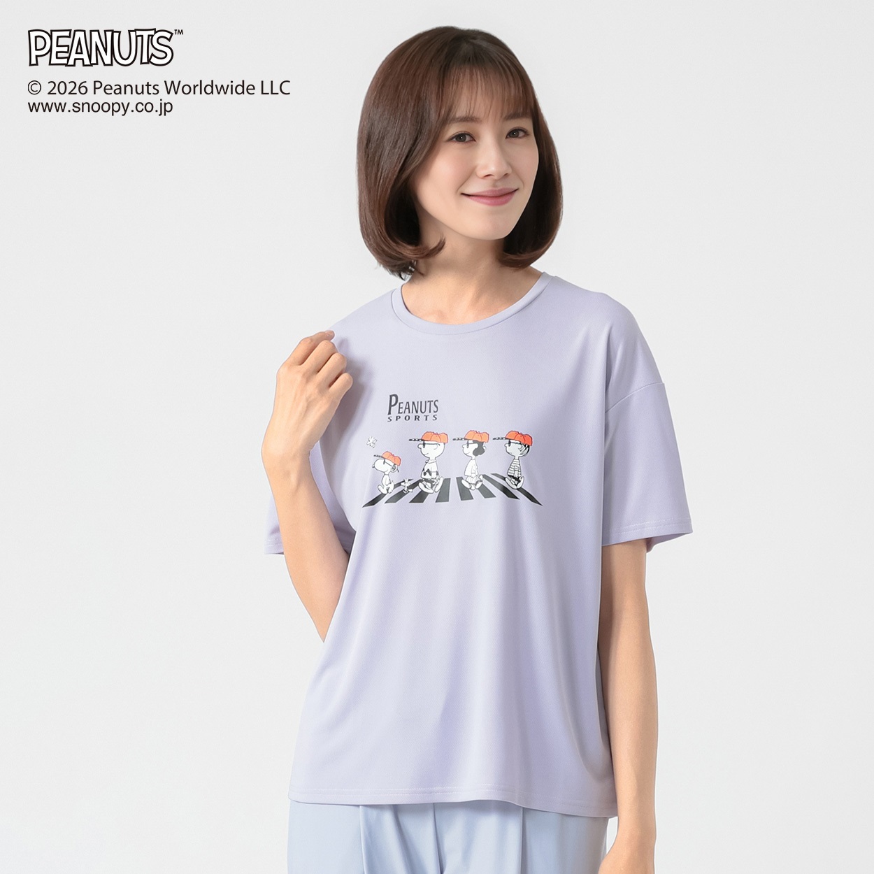PEANUTS Tシャツ 接触冷感 吸水速乾 UV対策 レディス(ウスムラサキ-M)